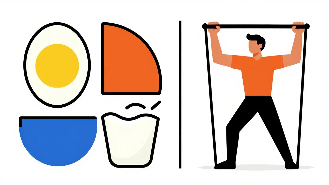 Bauhaus illustration depicting a healthy protein meal and a person exercising with a resistance band