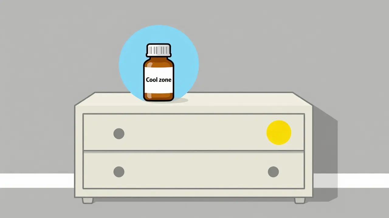 Bauhaus illustration of a medicine bottle stored safely on a minimalist dresser in a cool environment.