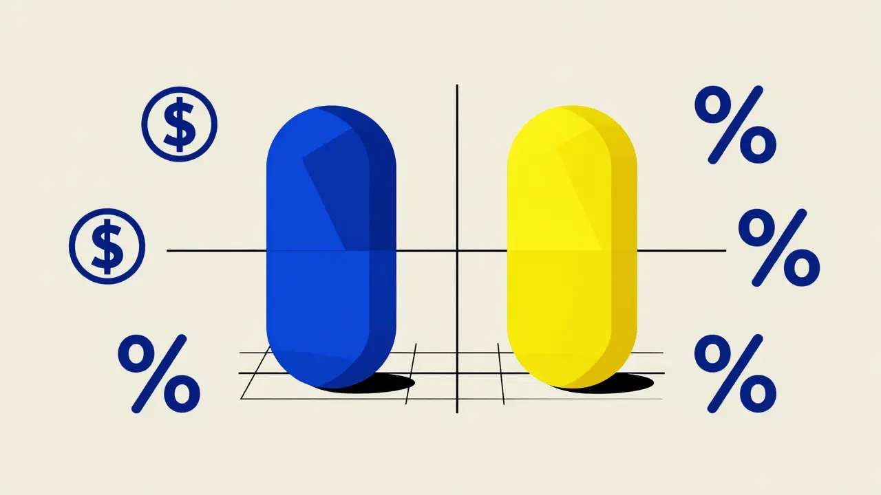 Bauhaus style geometric comparison of two identical pills representing brand and generic medicine.