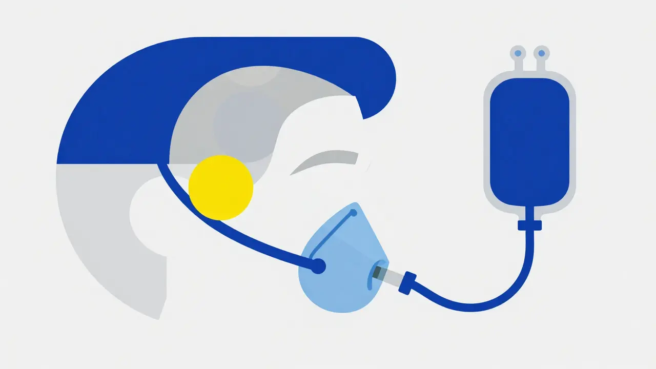 Bauhaus style graphic of a person using a non-rebreather mask for oxygen therapy.
