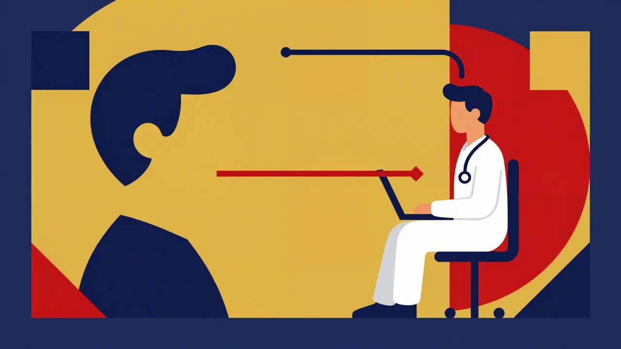 Bauhaus style graphic showing a telehealth connection between a patient and a doctor.