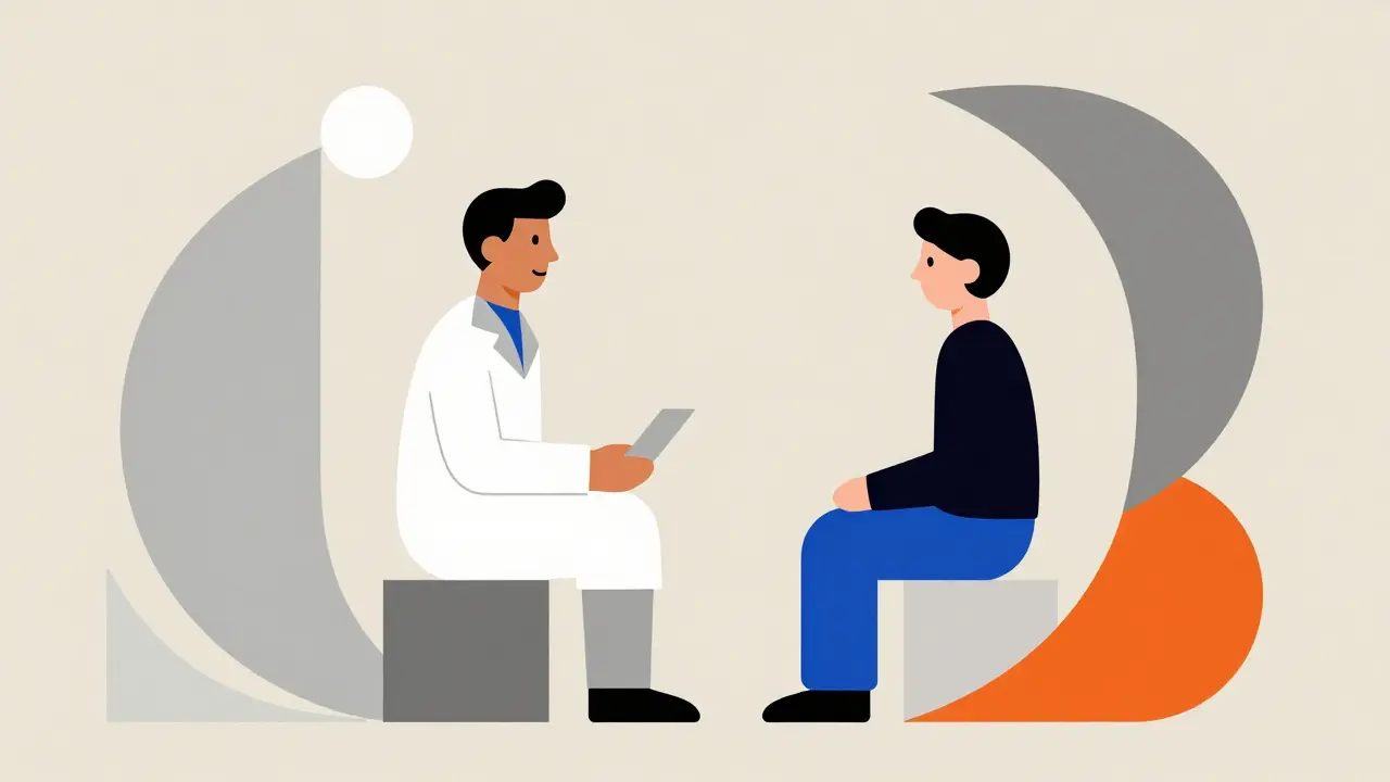Bauhaus style illustration of a pharmacist counseling a patient.