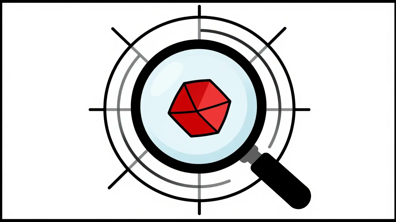 Bauhaus style magnifying glass examining a pill with geometric patterns