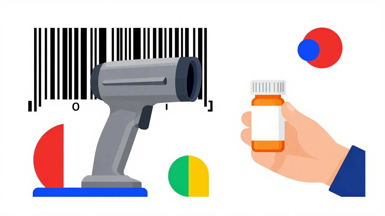 Geometric Bauhaus art showing a barcode scanner and a medication bottle.