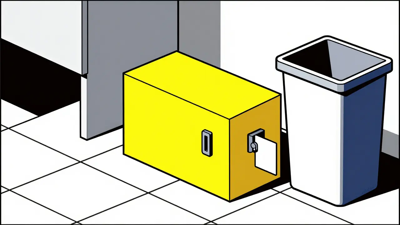 Geometric Bauhaus depiction of a locked medication box and a pharmacy disposal bin