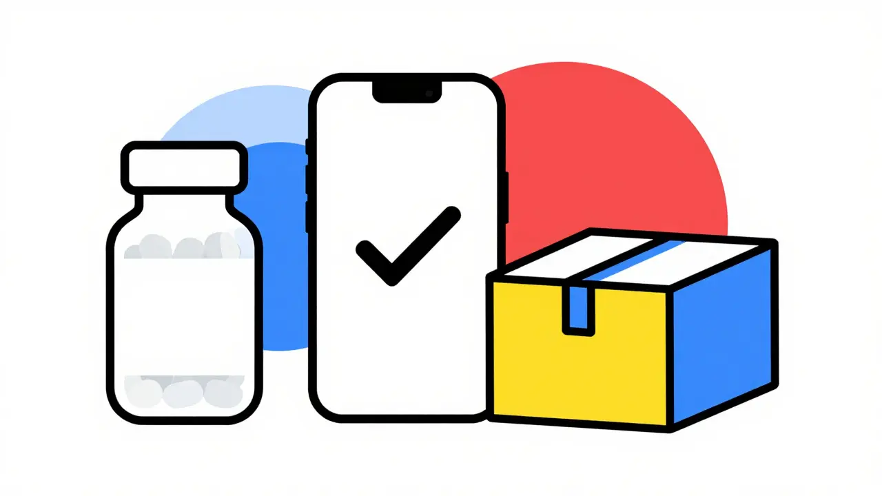 Geometric Bauhaus illustration of a pill bottle, smartphone, and shipping box