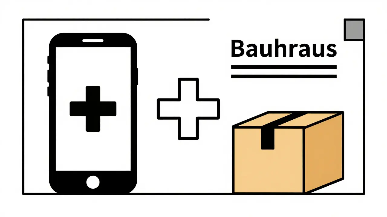 Minimalist Bauhaus art depicting digital healthcare and pharmacy delivery symbols.