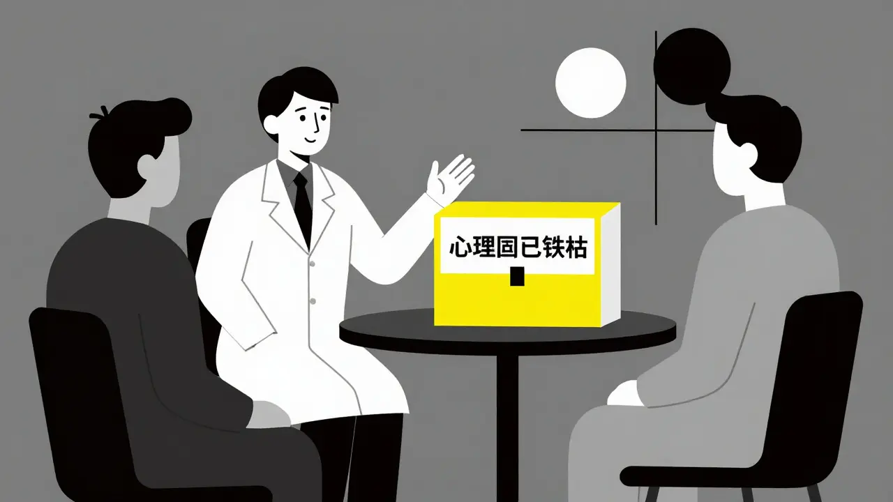 Minimalist Bauhaus illustration of a doctor recommending a brand-name drug to a patient.