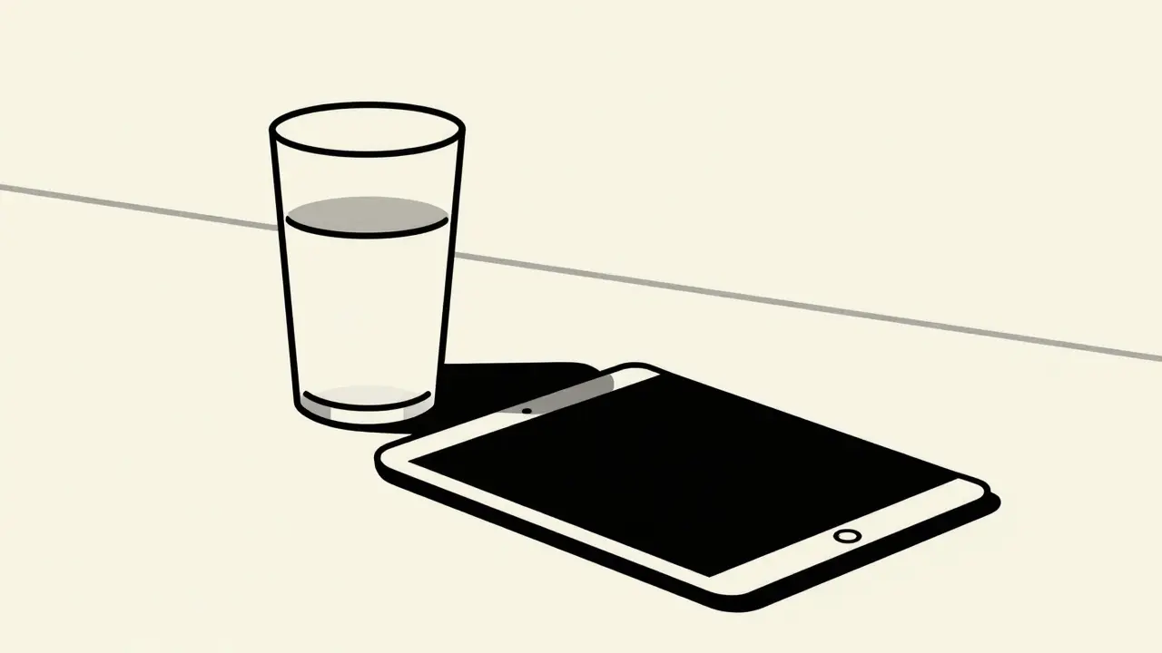 Minimalist Bauhaus illustration of a water glass and a supplement tablet on a table.