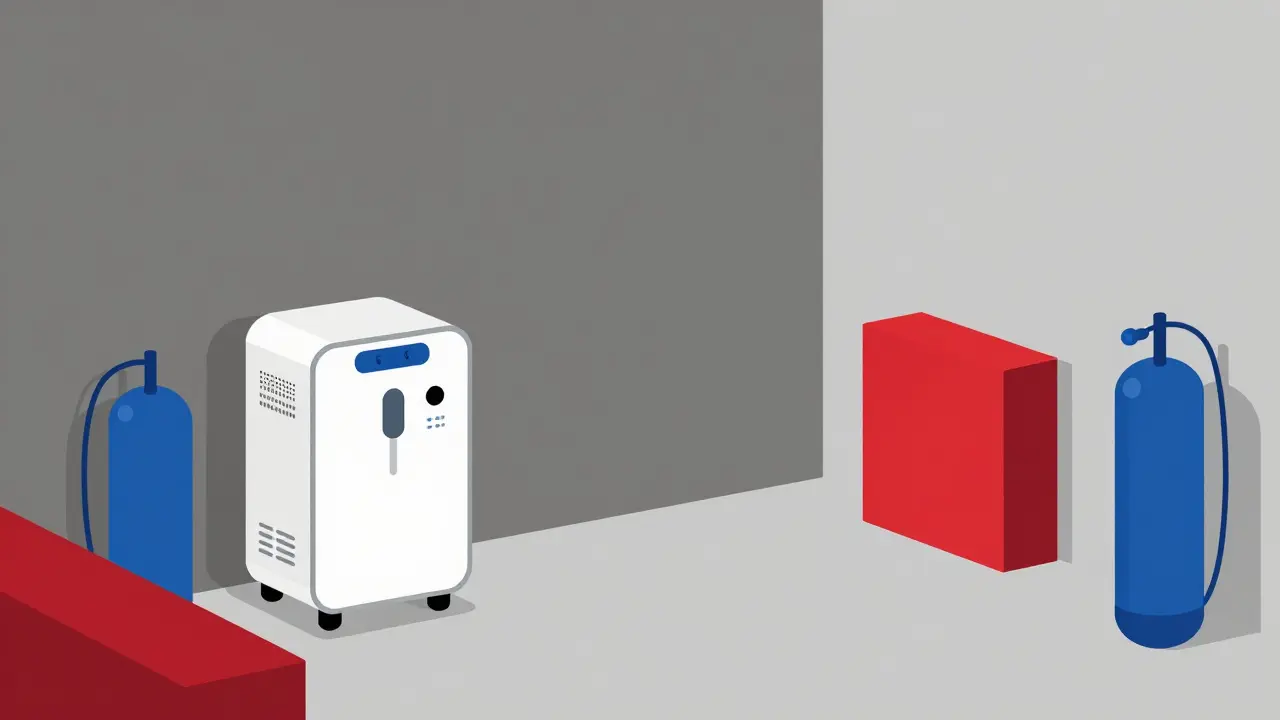 Minimalist Bauhaus illustration of oxygen equipment positioned in a room for quick access.