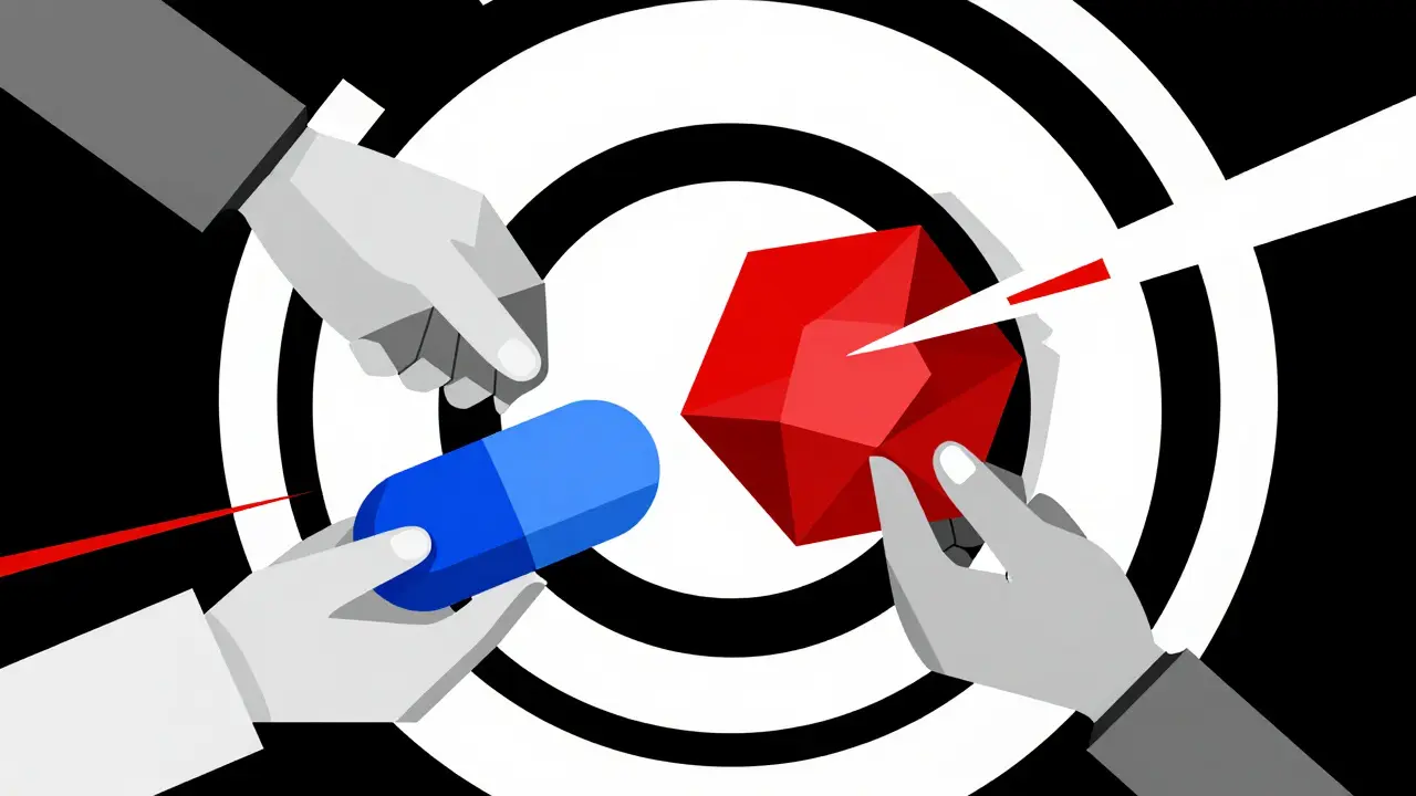 Abstract Bauhaus art illustrating product hopping tactics blocking generic drug access.