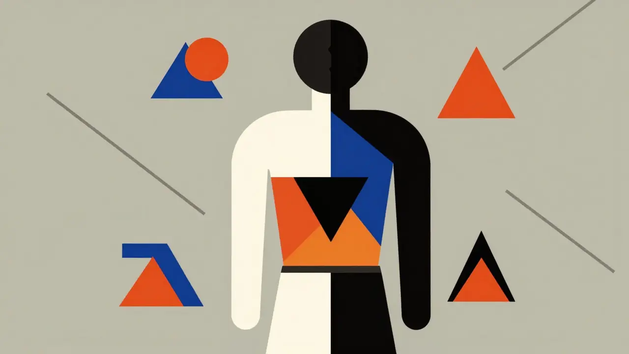 Abstract Bauhaus art of a figure supported by geometric shapes for core strength