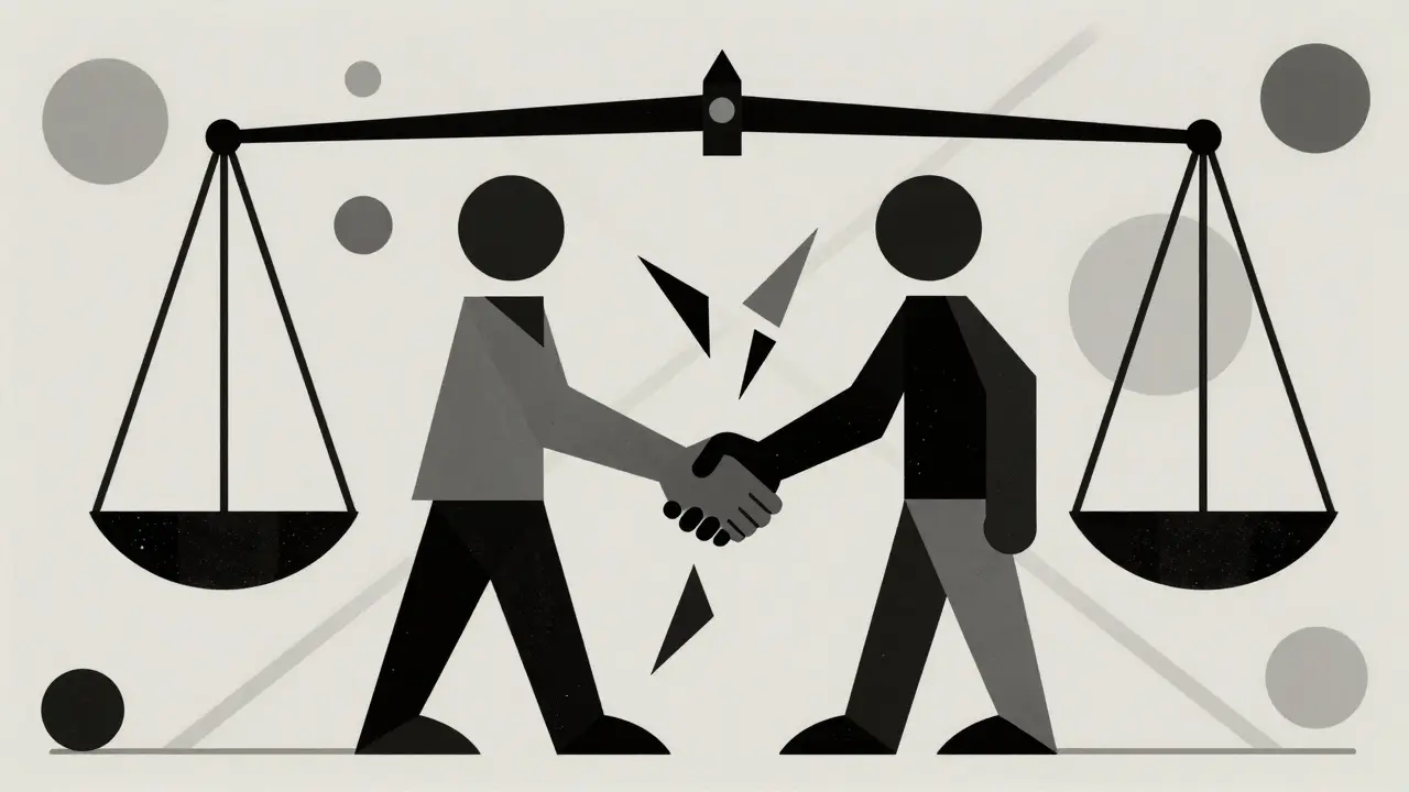 Abstract Bauhaus figures with jagged handshake, illustrating pay-for-delay antitrust issues.