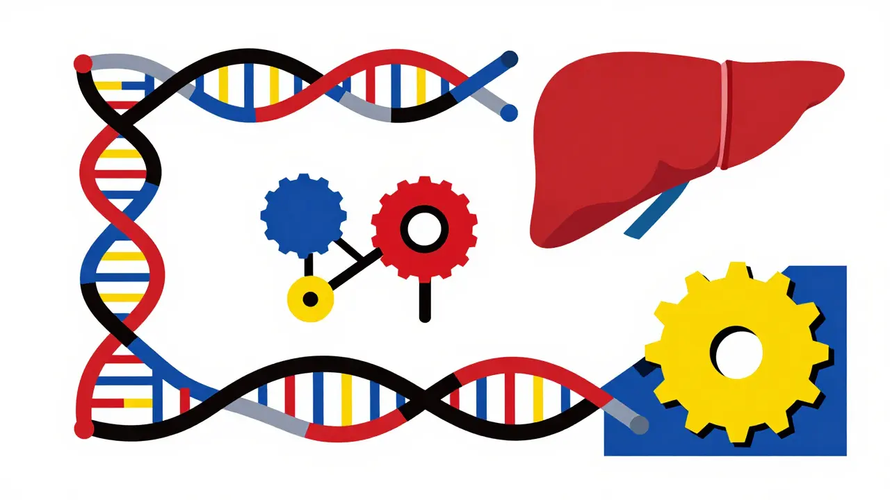 Abstract Bauhaus illustration of DNA helixes and gear-like enzymes visualizing genetic drug metabolism.