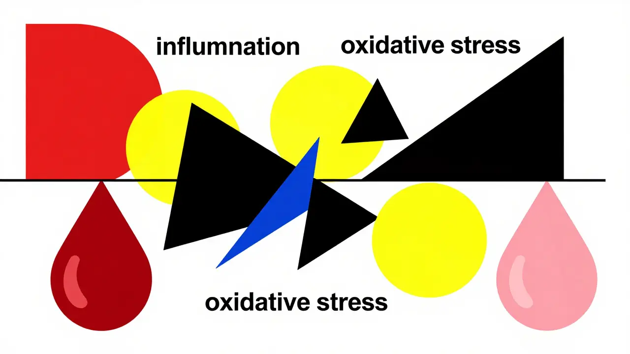 Abstract Bauhaus illustration of statins reducing inflammation and stress.
