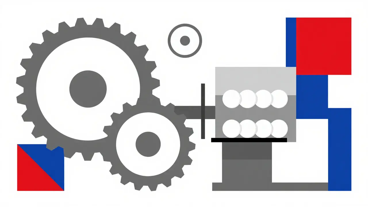 Abstract gears and shapes representing standardized drug production