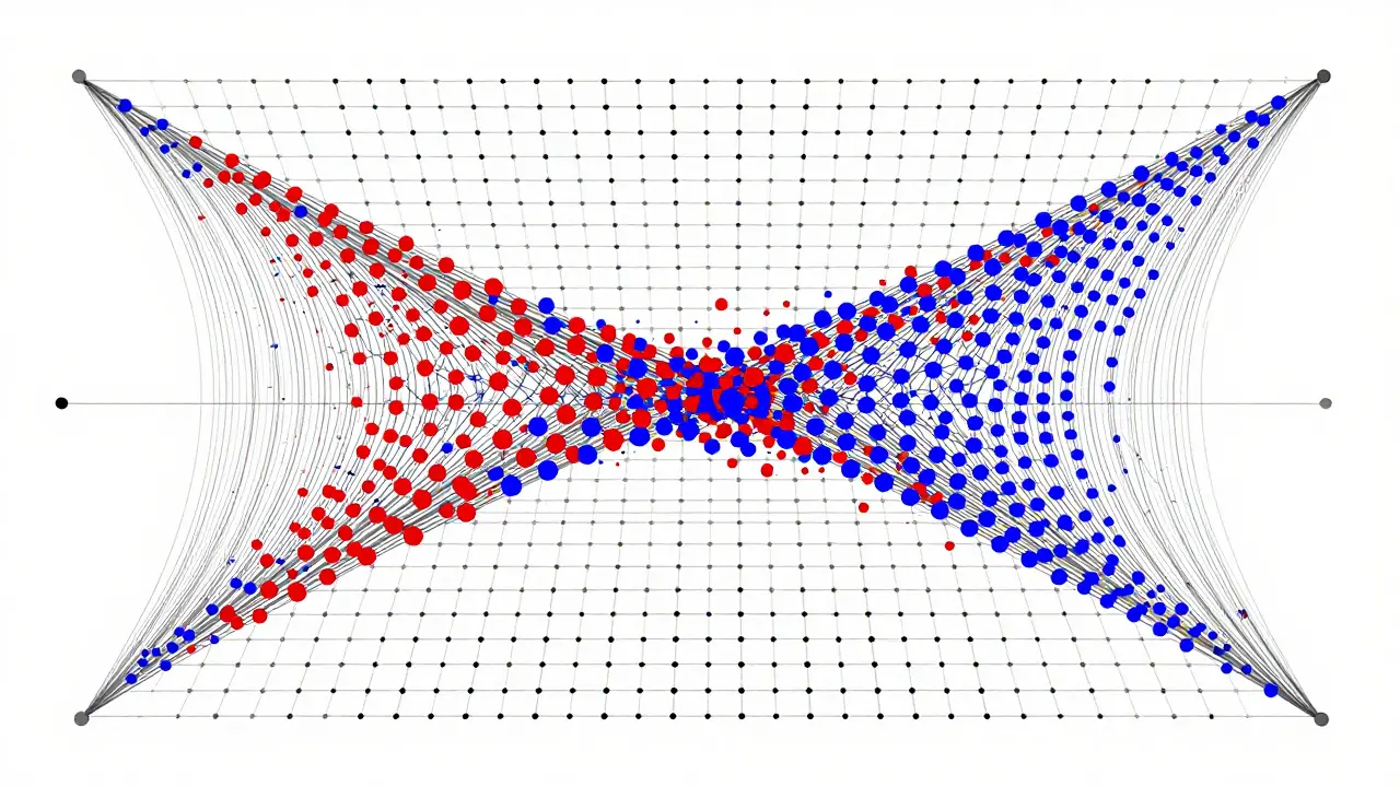 Abstract network diagram representing AI-driven drug safety analysis in Bauhaus art style.
