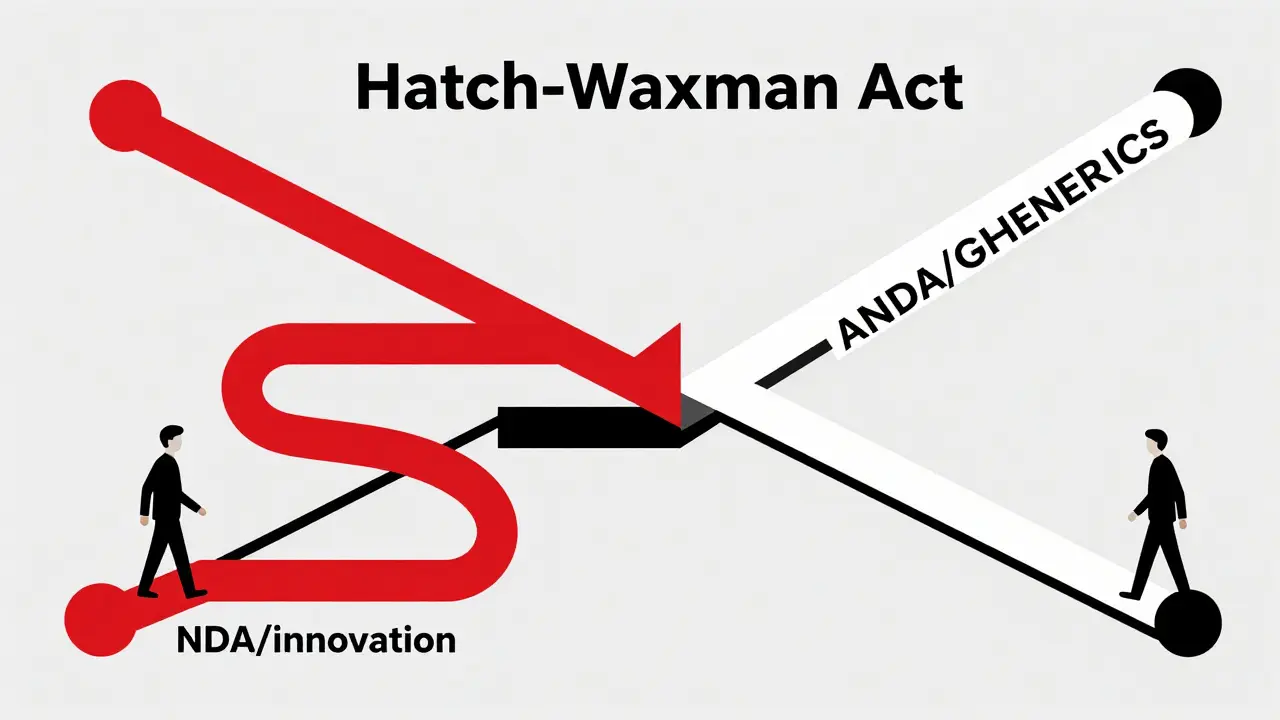 Bauhaus art showing two diverging paths representing NDA and ANDA drug approval processes.