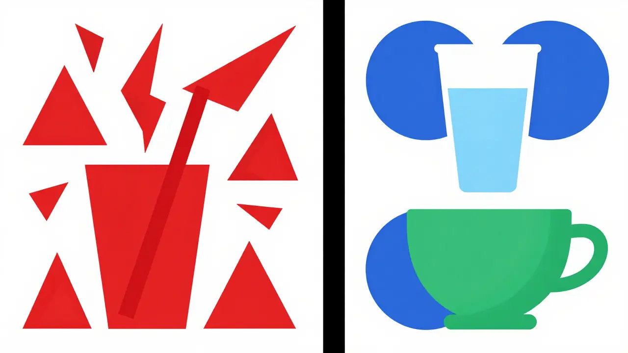 Bauhaus style contrast between chaotic red shapes for stimulants and calm blue circles for health.