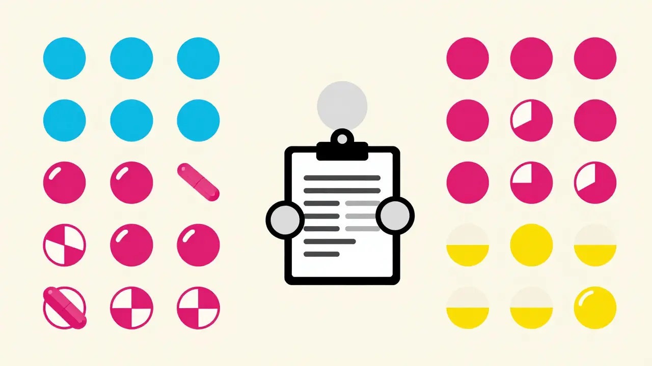 Bauhaus style graphic of a person holding a medication list surrounded by orderly pill icons.