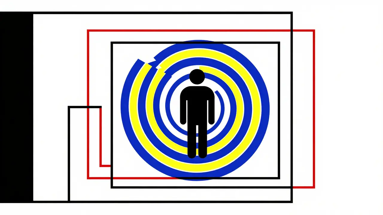 Figure trapped in concentric rings representing algorithmic echo chambers and biased content