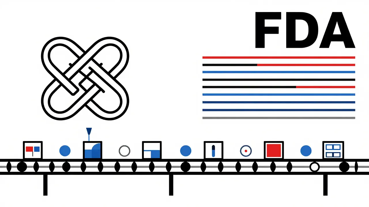 Geometric Bauhaus illustration of a streamlined conveyor belt representing fast FDA approvals.