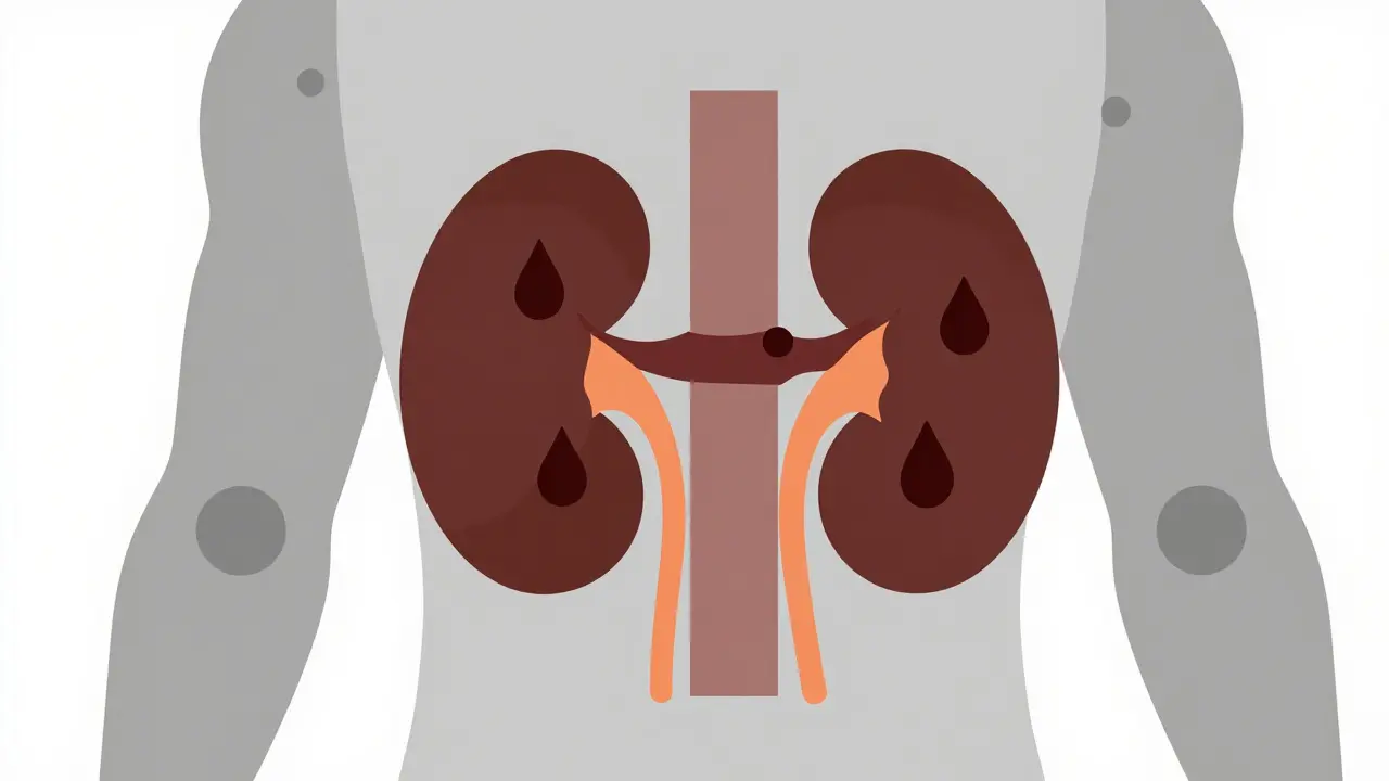Geometric Bauhaus illustration of kidneys clogged by dark droplets representing myoglobin.