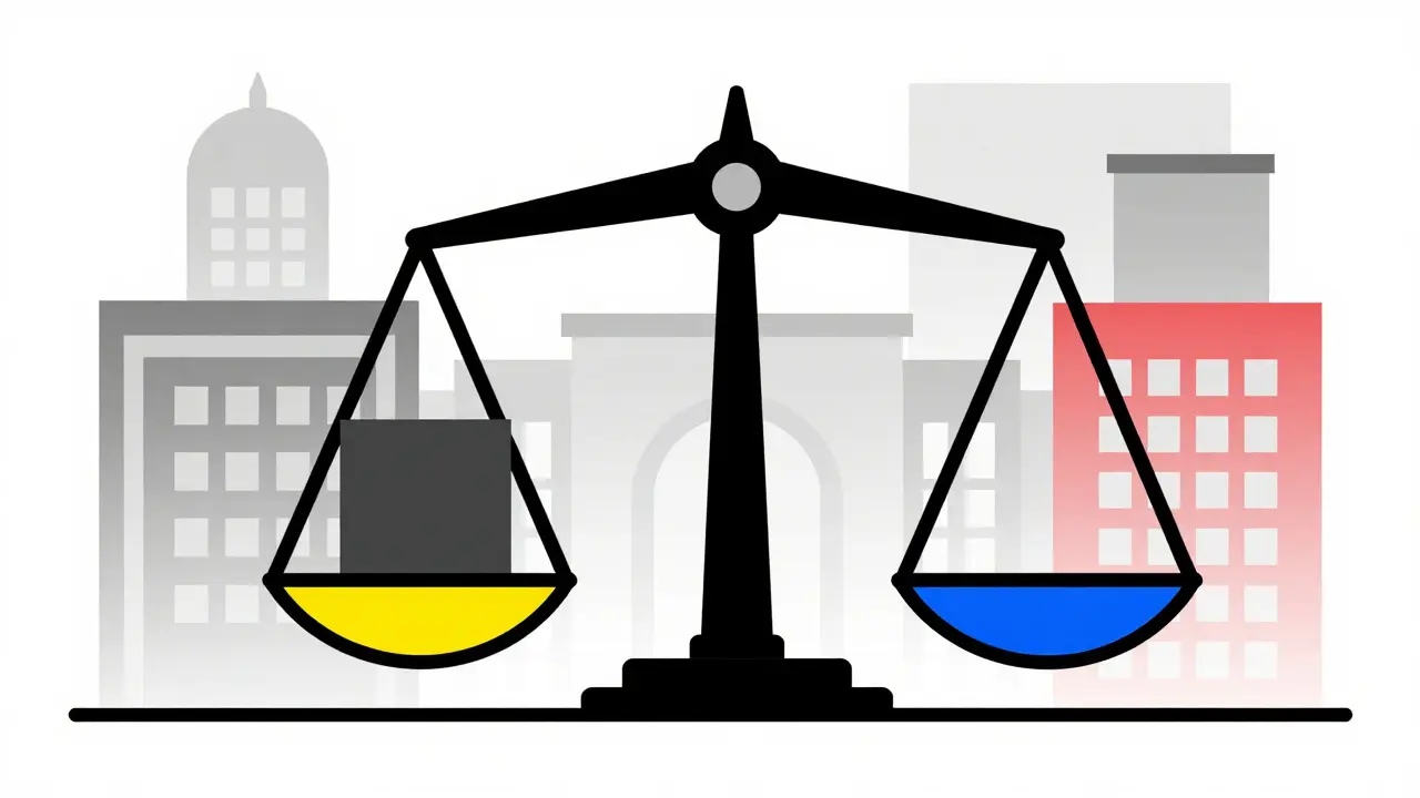 Geometric Bauhaus illustration of scales of justice balancing drug prices and competition.