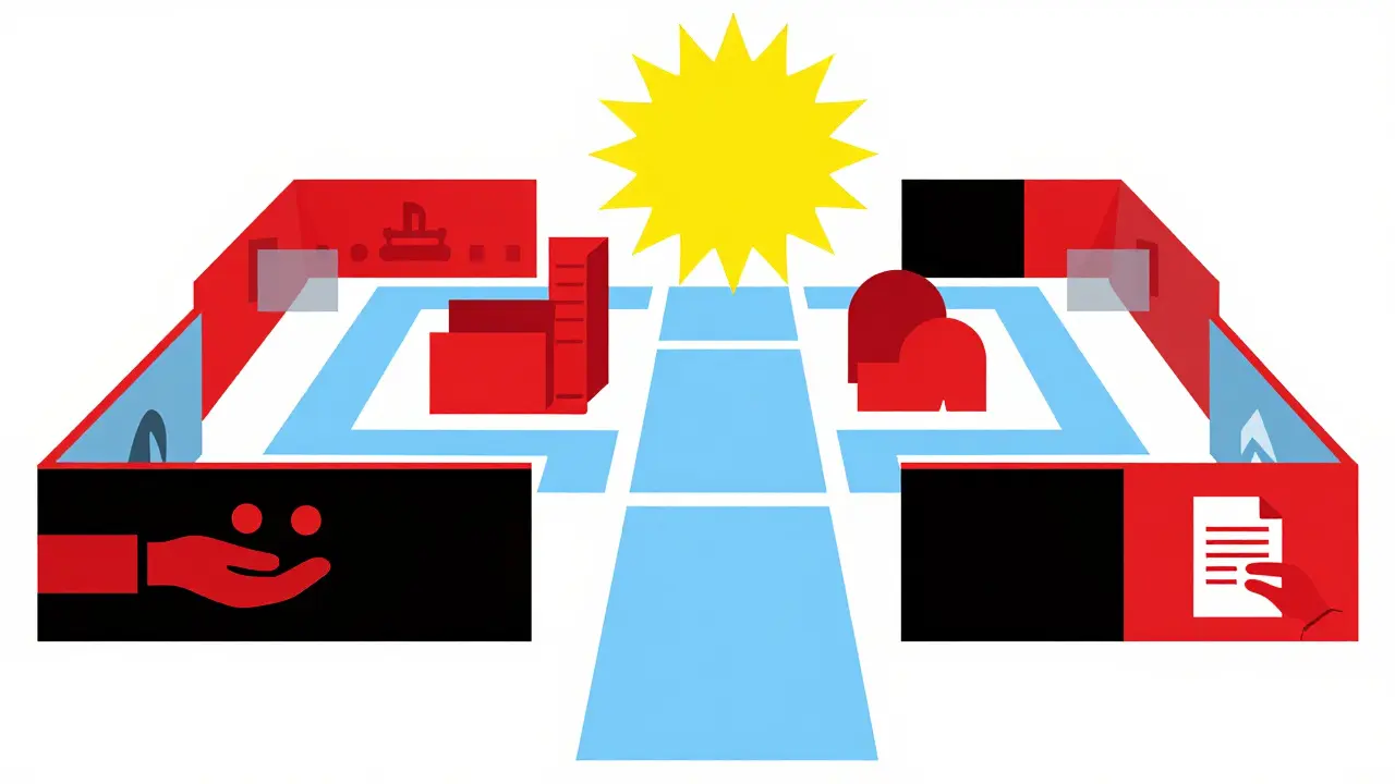 Geometric illustration depicting the path to financial aid through complex healthcare insurance systems.