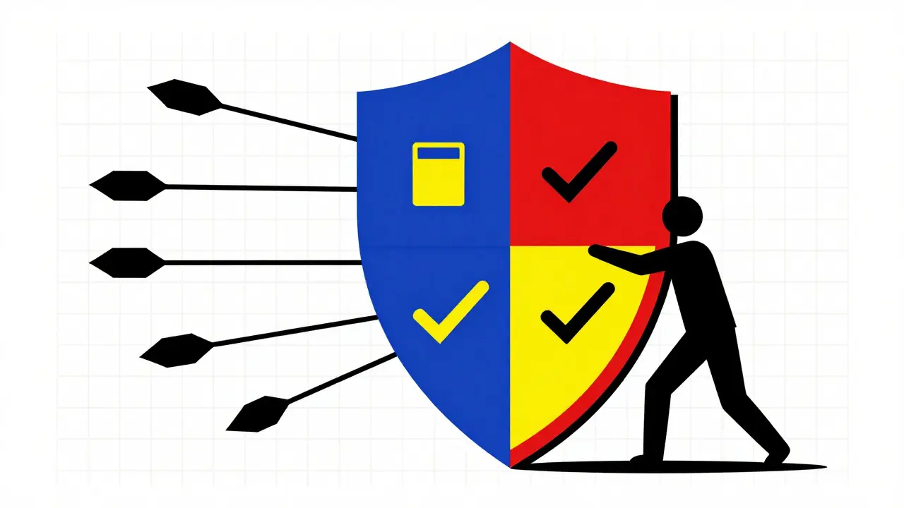 Geometric shield blocking deceptive marketing arrows, symbolizing verification and safety