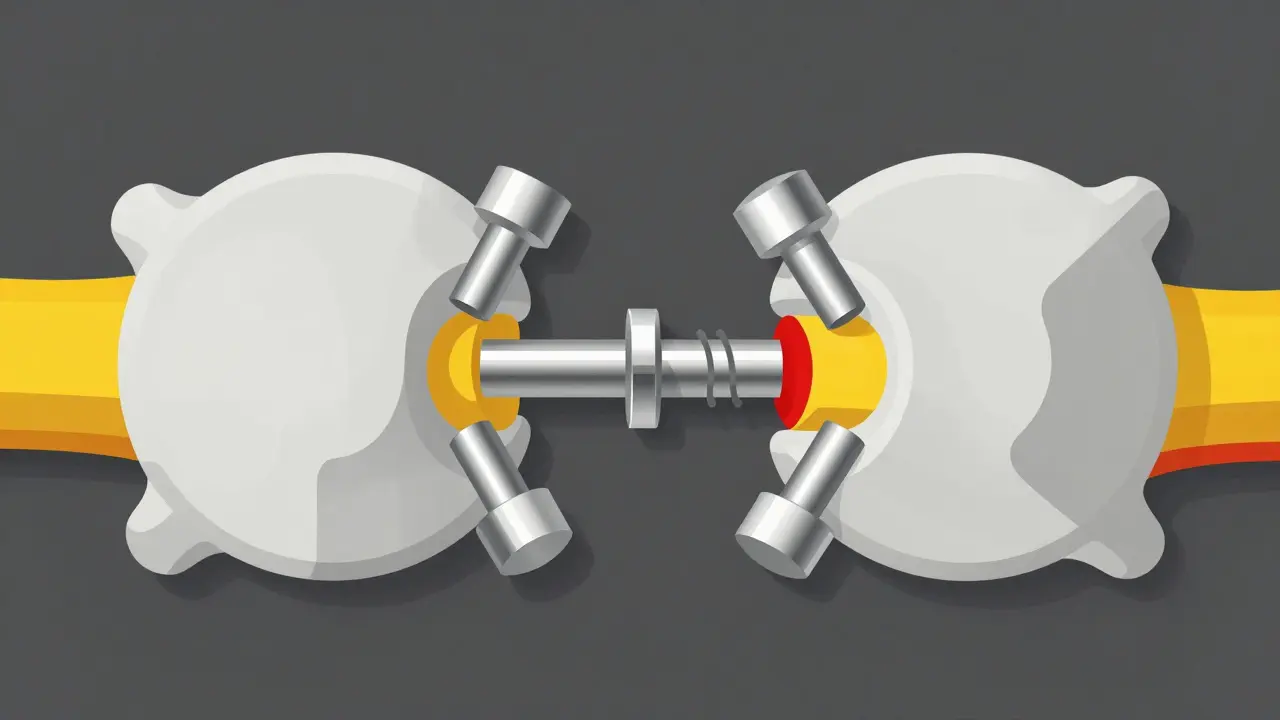 Stylized Bauhaus depiction of vertebrae fusing together with metallic hardware