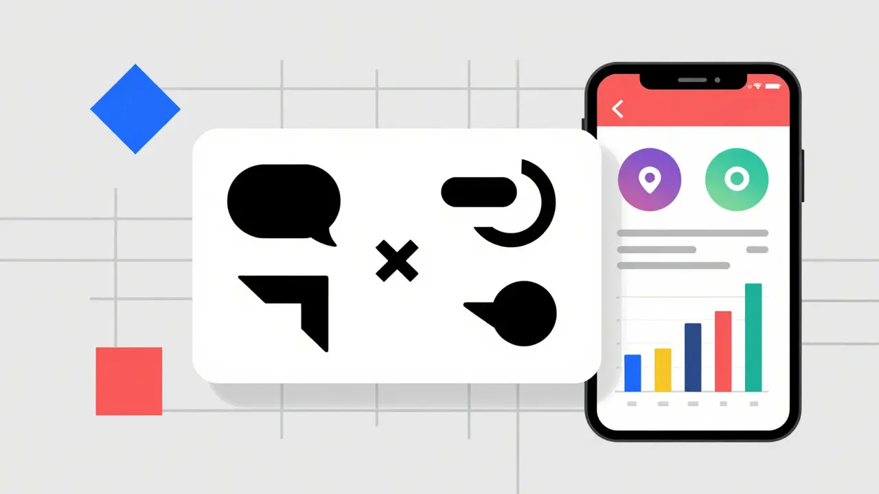 Stylized translation cards and health app icons in geometric design