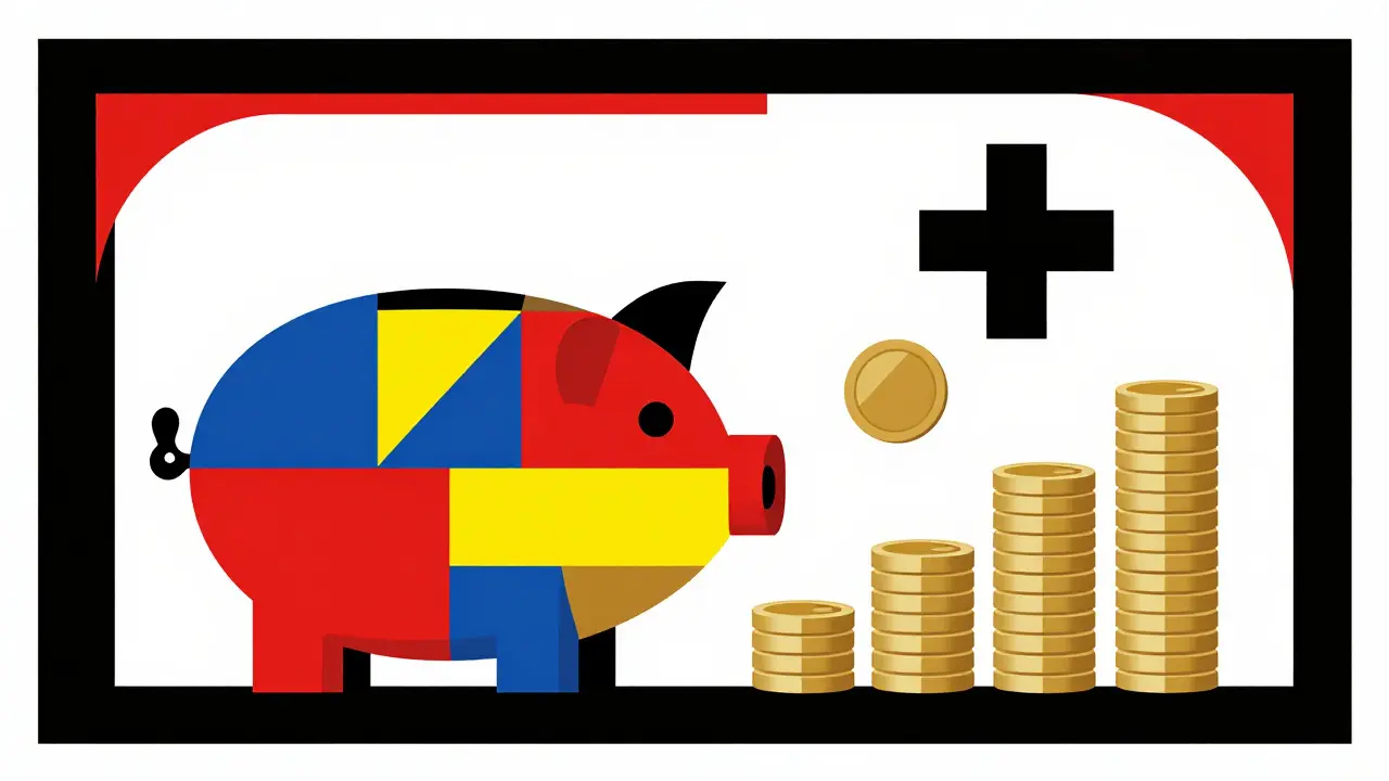 Abstract Bauhaus design of geometric piggy bank symbolizing drug savings