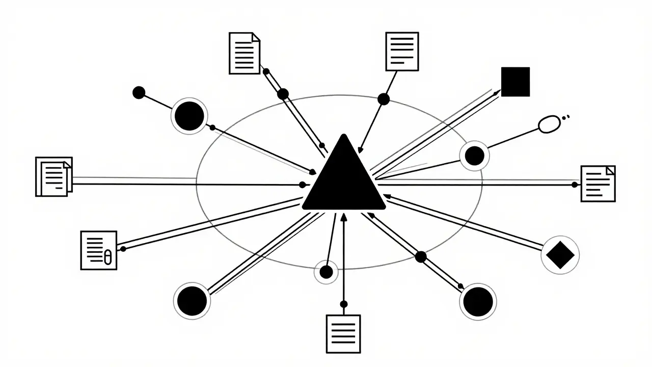 Abstract Bauhaus diagram of connected data nodes representing drug safety monitoring.