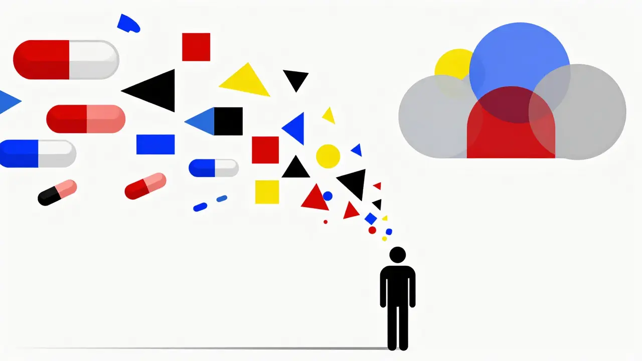 Abstract data flow from pills to cloud in primary colors