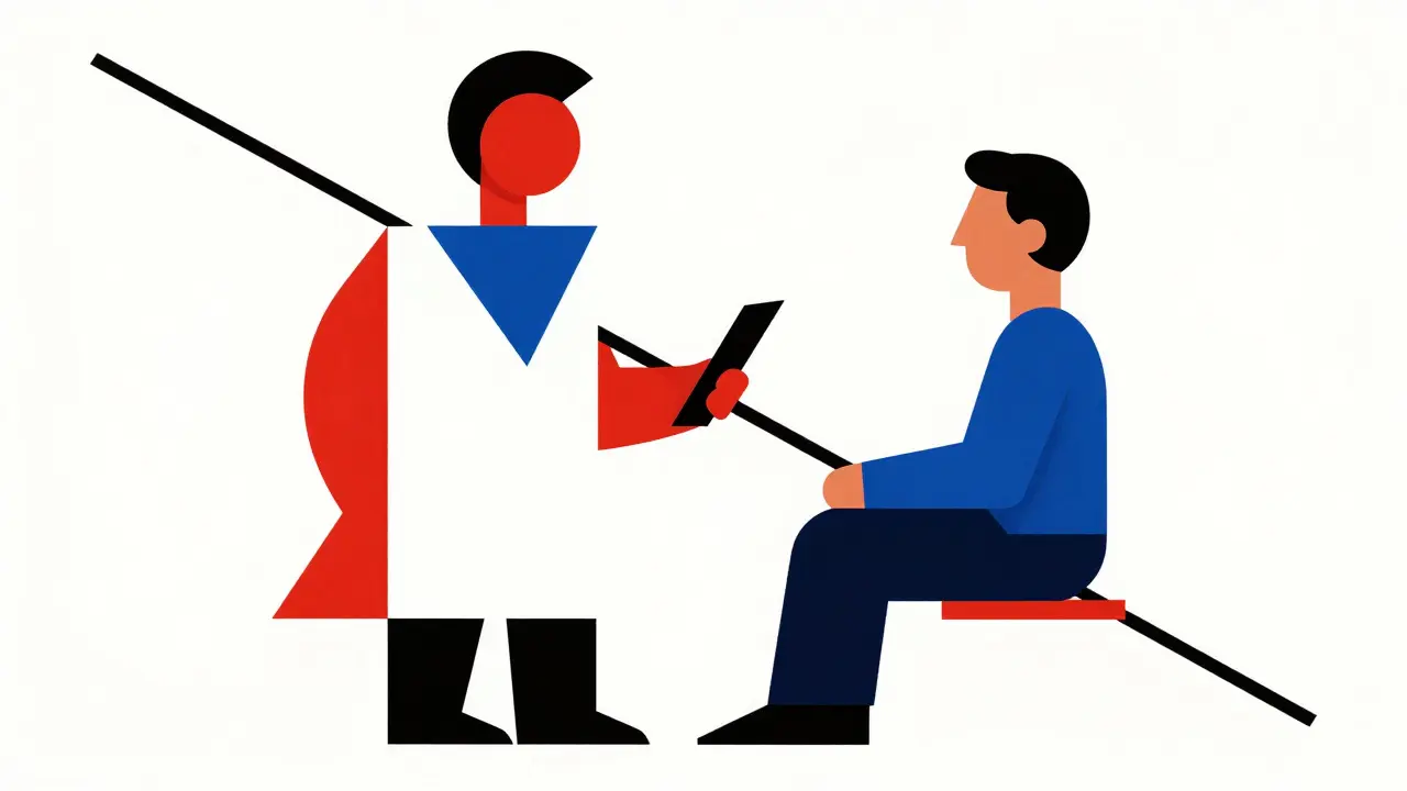 Abstract geometric illustration of a pharmacist and patient interacting, using circles and blocks in red, blue, and yellow against a white background.