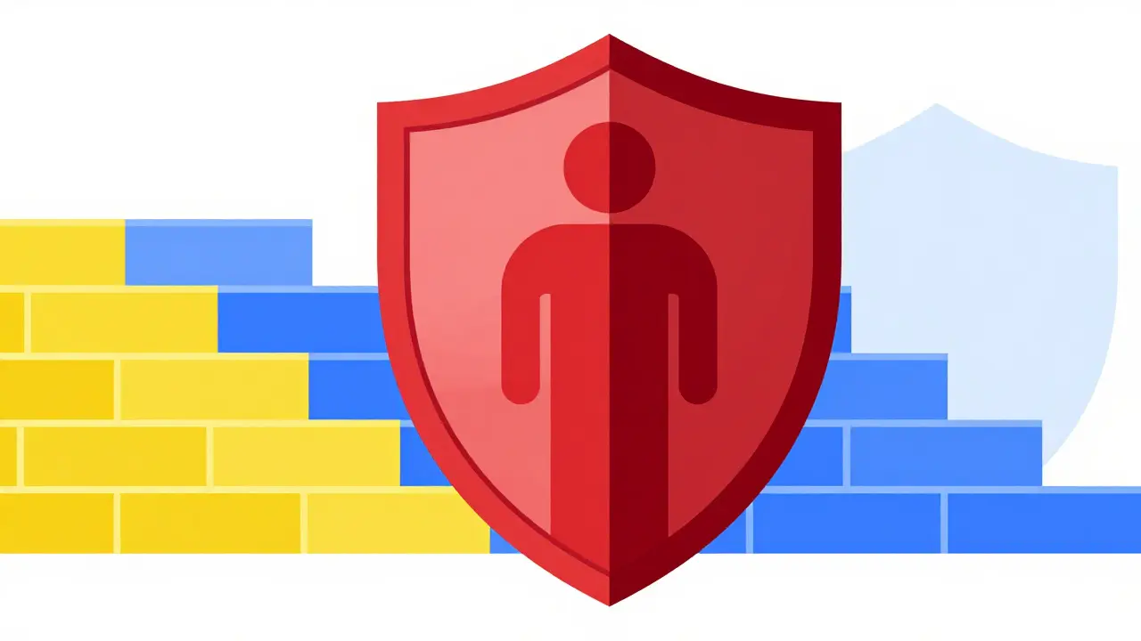 Bauhaus illustration of a shield protecting a person, symbolizing healthcare savings