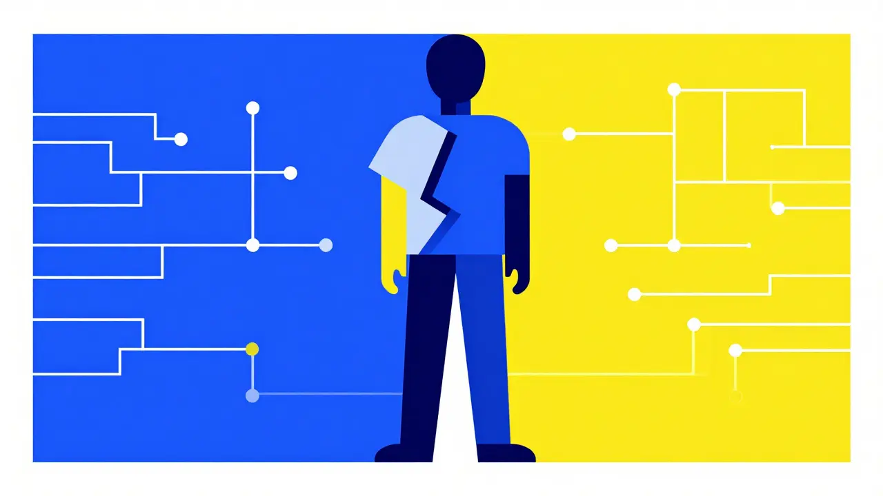 Bauhaus illustration of geometric figures addressing therapeutic inequivalence with AI.
