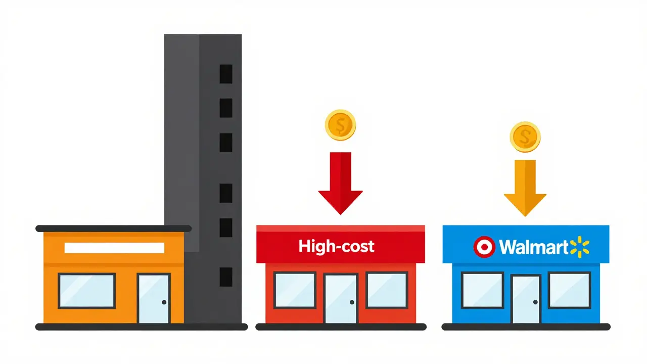 Geometric illustration showing different pharmacy building costs