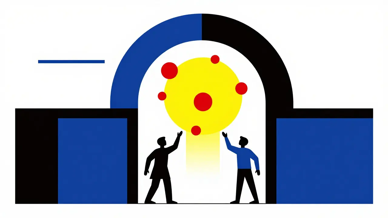 Stylized archway and flowing shapes representing reduced costs and better access