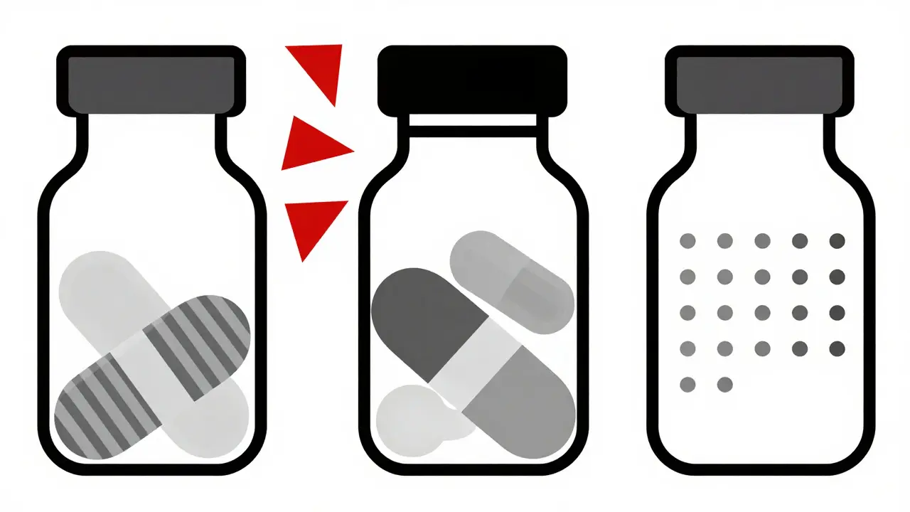 Stylized diagram illustrating look-alike medication risks through contrasting geometric patterns inside identical bottle shapes, accented with red warning triangles.