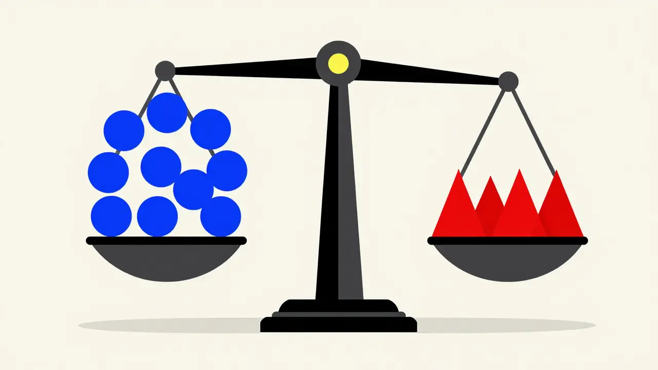 Abstract Bauhaus art of a balance scale weighing drug risks against benefits.