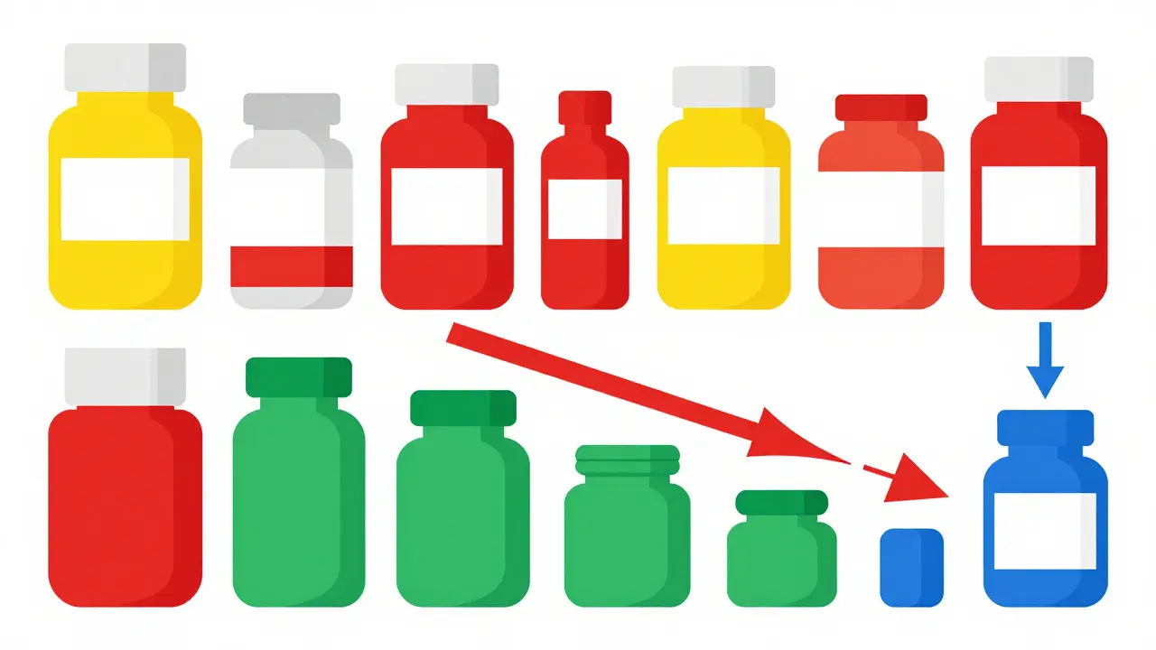 Abstract Bauhaus illustration comparing drug prices and savings