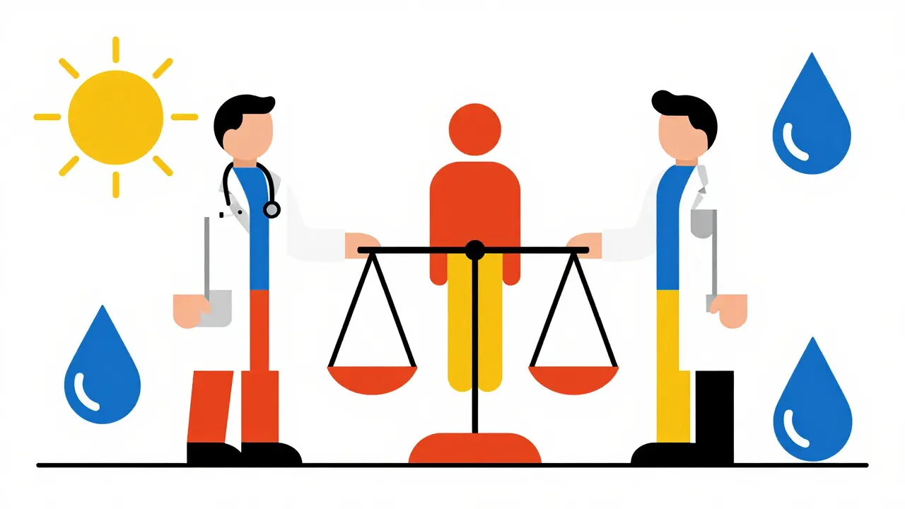 Abstract doctors balancing patient care with lifestyle symbols.