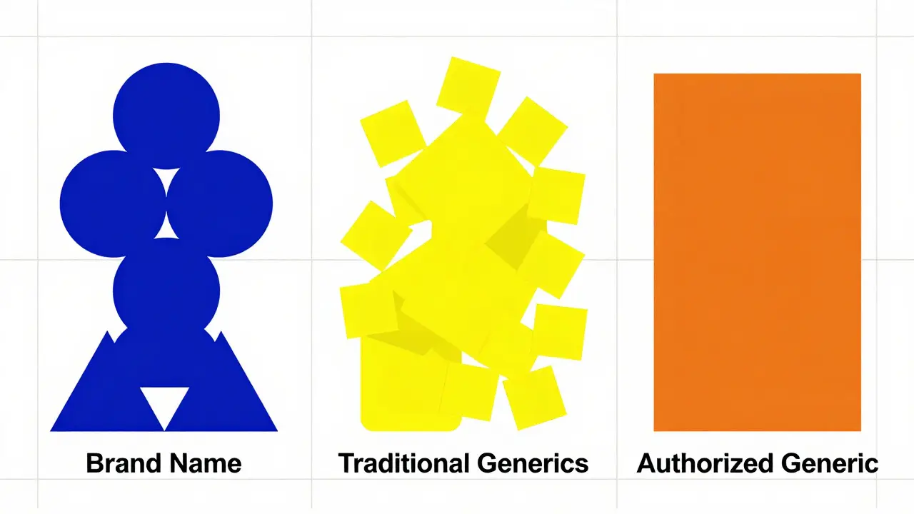 Abstract geometric comparison of brand, traditional generic, and authorized generic drug structures