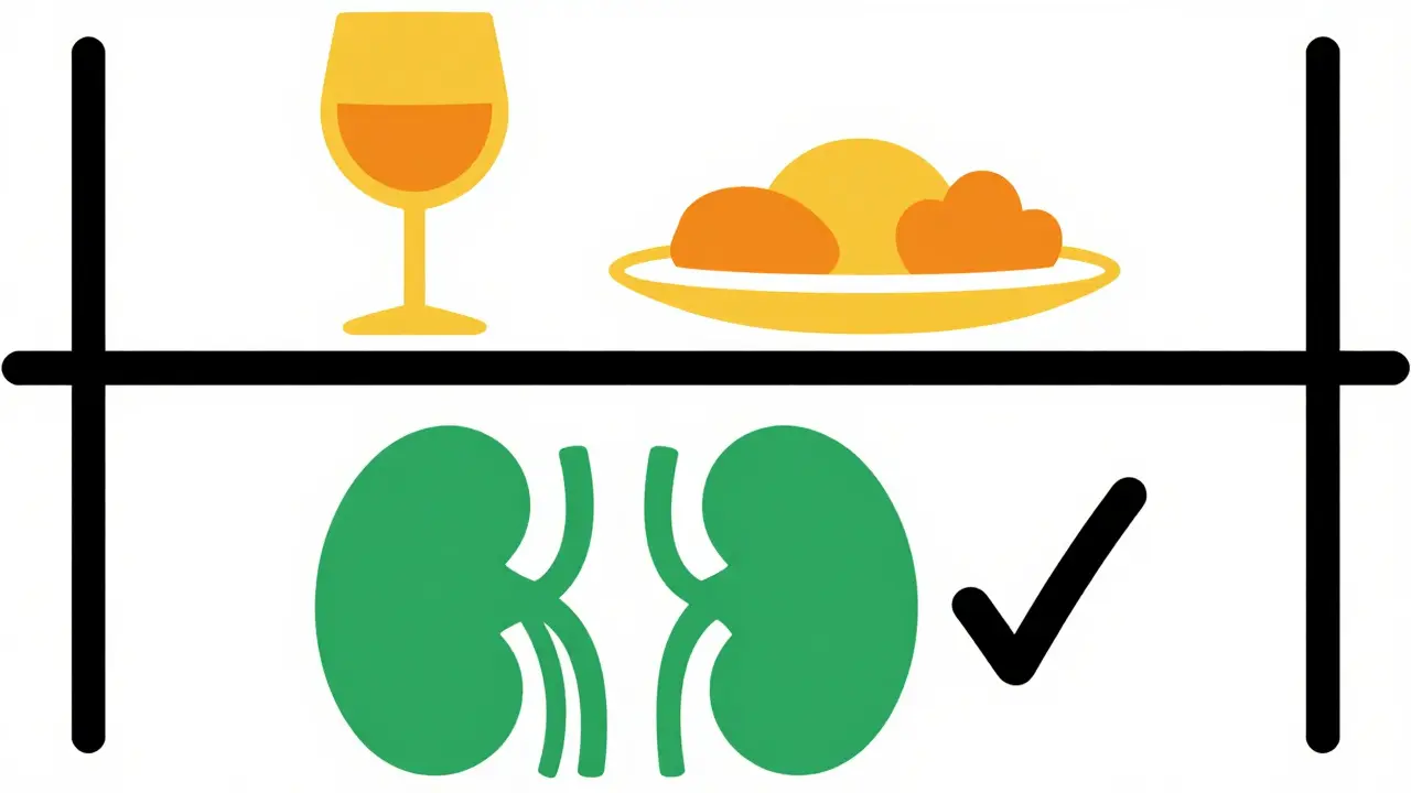 Bauhaus illustration of one drink with food and kidney health check