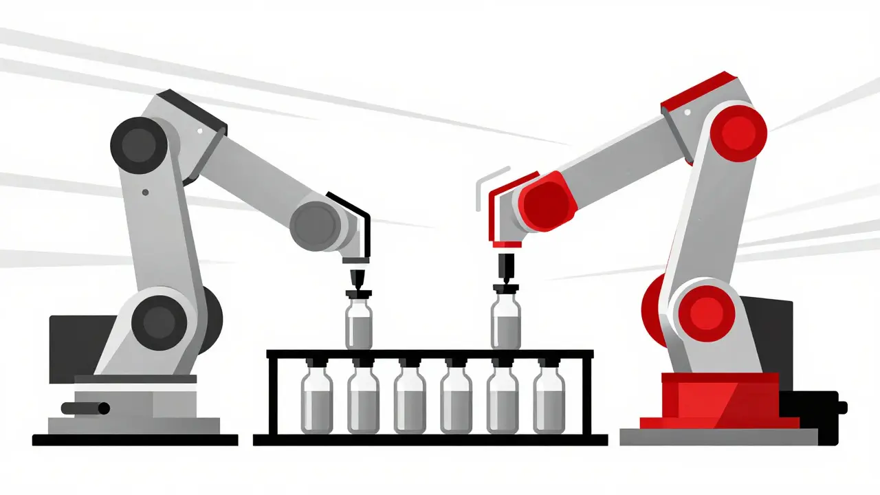 Bauhaus style graphic of robotic arms automating sterile drug filling