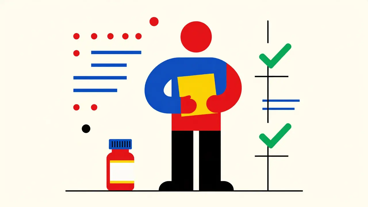 Geometric figure holding a notebook with floating data icons in Bauhaus style