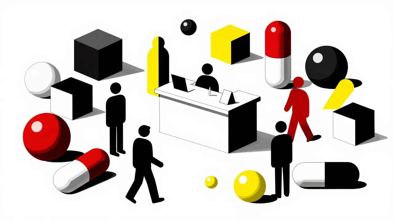 Geometric pills surrounding abstract figures showing polypharmacy risks
