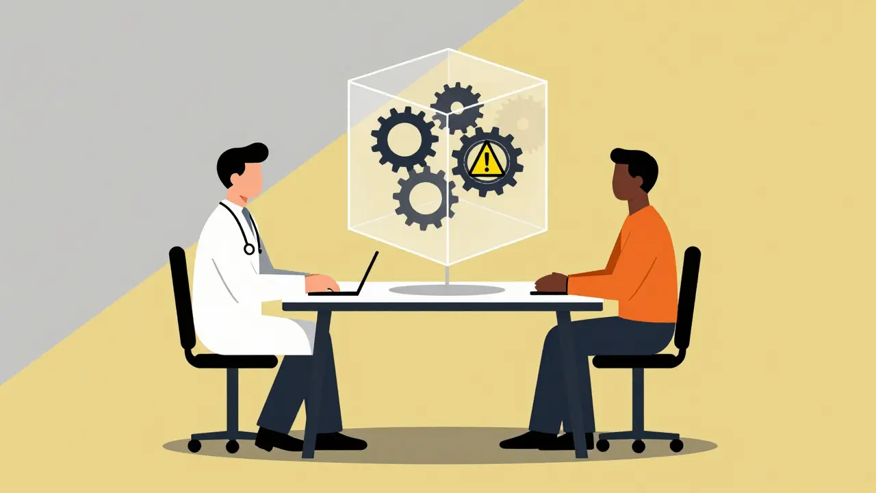 Stylized Bauhaus drawing of a doctor and patient discussing medication risks.